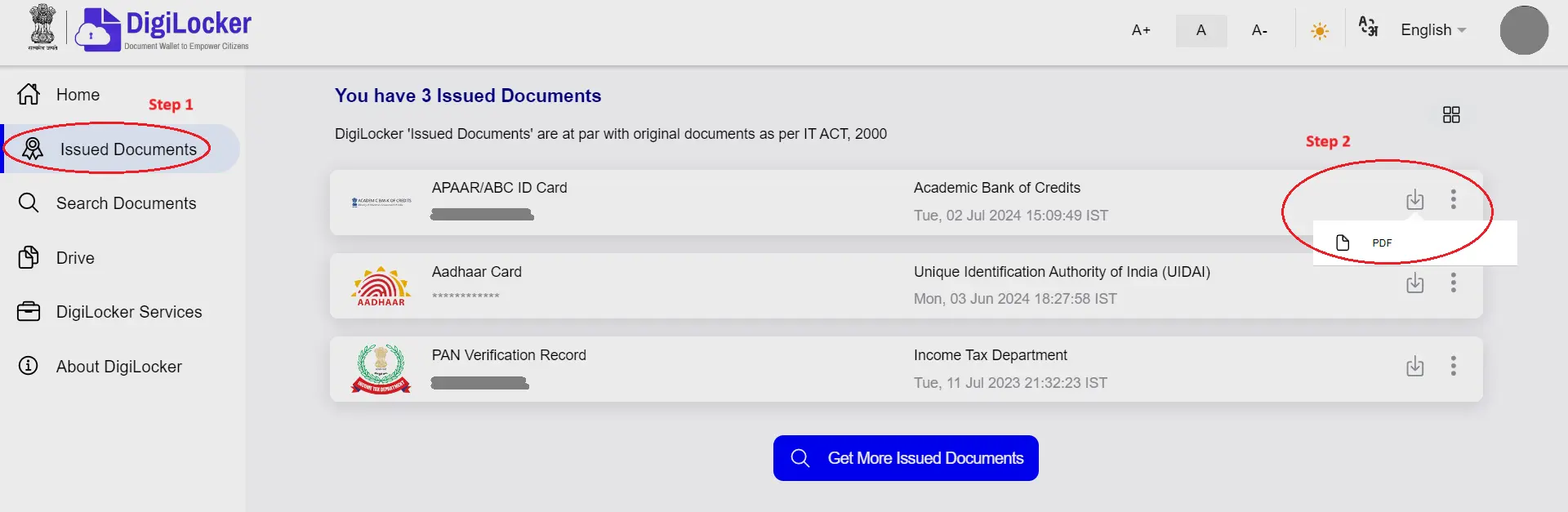 DigiLocker showing how to download issued documents. Step 1 highlights the "Issued Documents" tab on the left sidebar. Step 2 highlights the download icon next to a listed document, with a pop-up showing the "PDF" download option.
