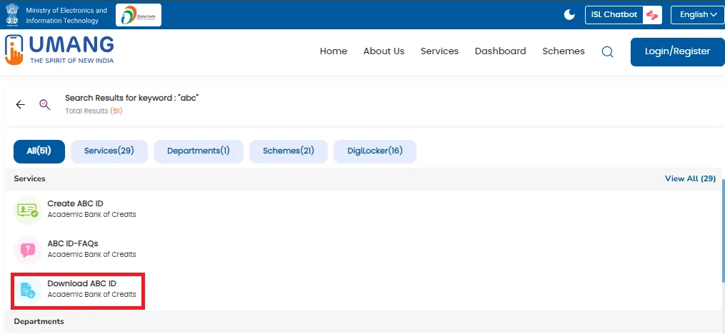 The UMANG portal showing search results for the keyword "abc" with the "Download ABC ID" option from the Academic Bank of Credits highlighted in red.