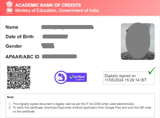 sample abc id card showing name date of birth gender and unique apaar id for abc id card update purposes.
